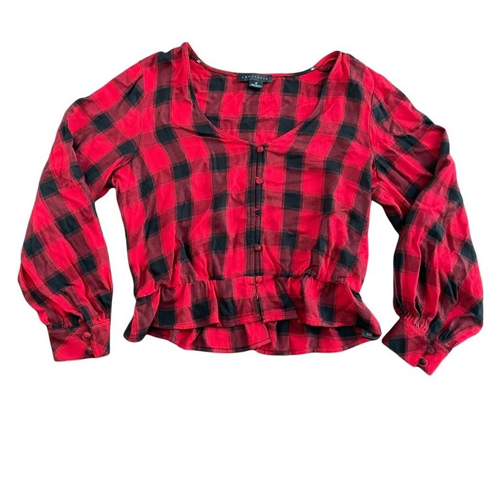 Sanctuary Button Front Ruffle Hem Scoop Neck Top Blouse Red Black Plaid NWOT S